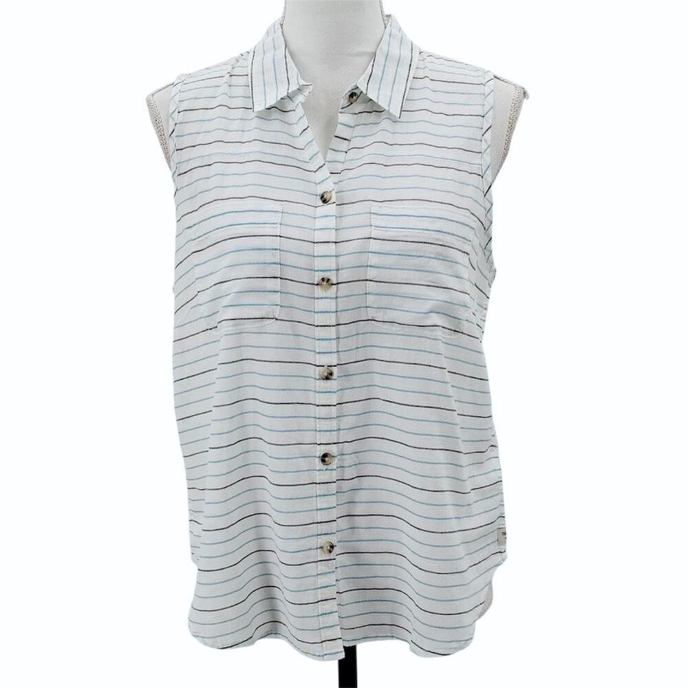 New Toad & Co Airbrush Sleeveless Deco Shirt Button Up Striped White Blue Medium